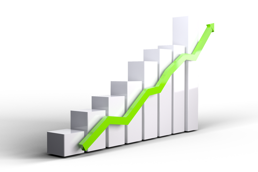 A rising arrow tracing the increasing values on a bar chart.