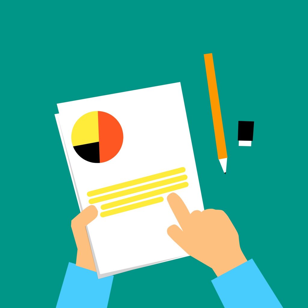 Illustration of a white person holding a report with charts and graphs.