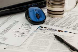 Tax paperwork on a desk.