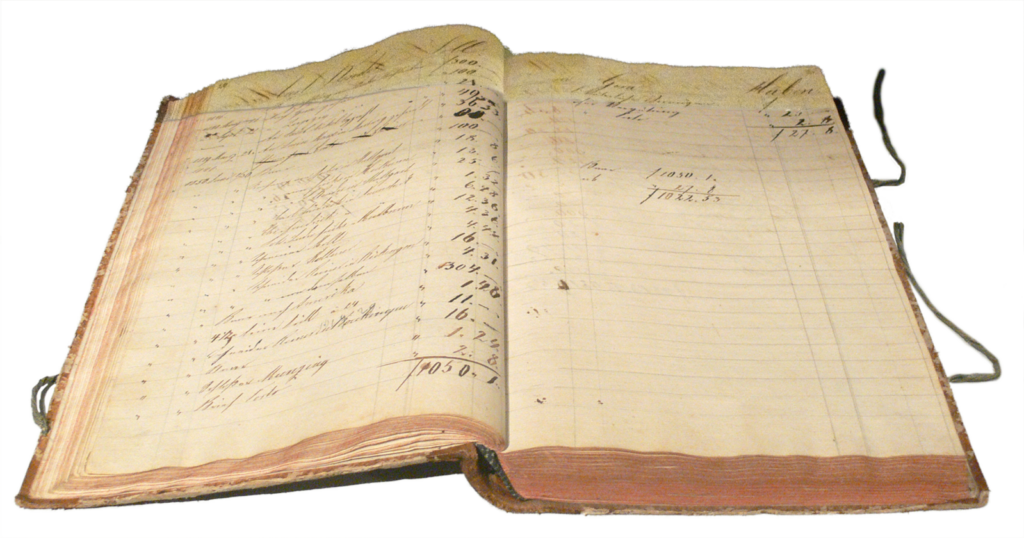 An old paper ledger, filled with handwritten financial records.