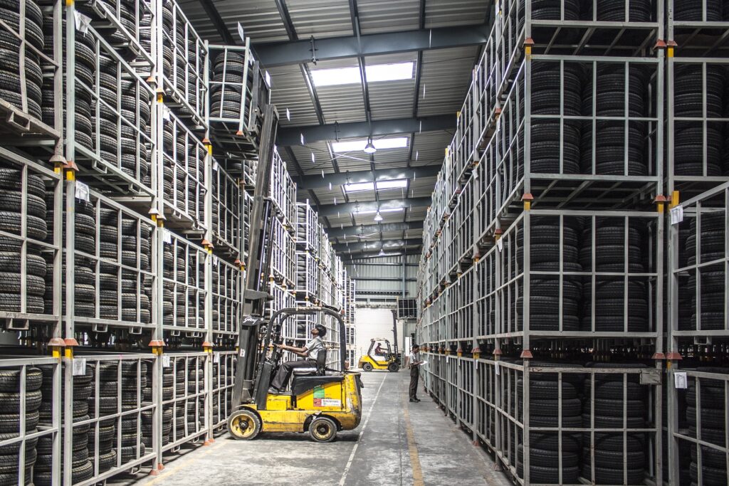 A forklift in a warehouse.