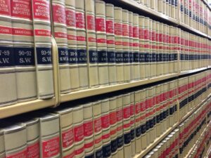 A bookshelf full of law books.