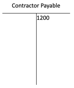 A Contractor Payable T account. There is a credit entry for 1,200 dollars.