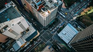 An aerial view of the downtown district of a city.