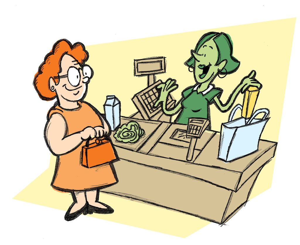 A cartoon of a customer and a cashier at a store register.