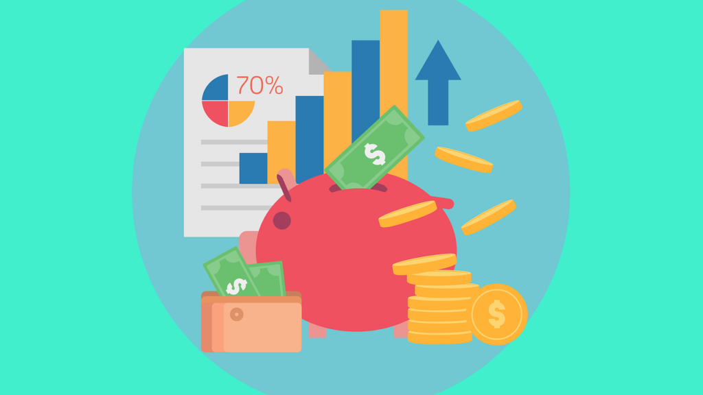 An illustration of a collage including a piggy bank, a stack of coins, a bar graph, and a sheet with a pie chart on it.