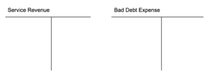 Two T accounts next to each other. On the left is Service Revenue and on the right is Bad Debt Expense.