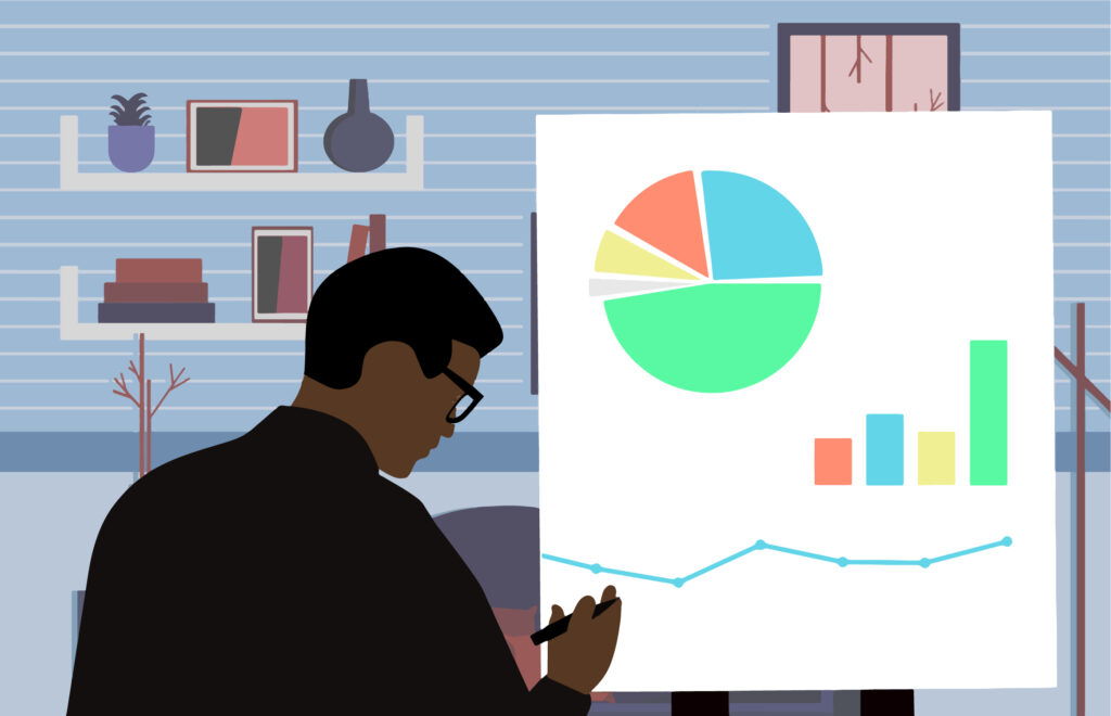 A cartoon depiction of a businessman examining a pie chart and bar graph.