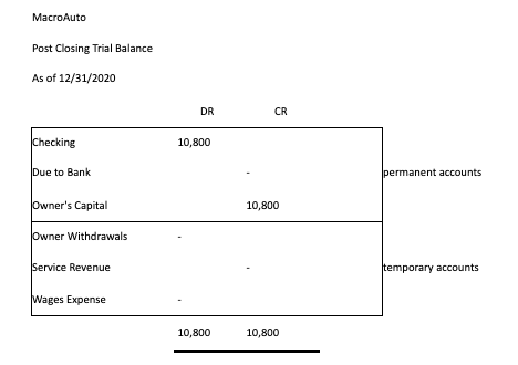 Macro Auto Post Closing trial balance as of 12/31/2020. Permanent Accounts: Checking debit of 10,800, Due to Bank no value in debit or credit field, Owner's Capital credit 10,800. Temporary Accounts: Owner Withdrawals no value in debit or credit field, Service Revenue no value in debit or credit field, Wages Expense no value in debit or credit field. Final entry in debit column is 10,800 with a double underline underneath and final entry in credit column is 10,800 with a double underline underneath.