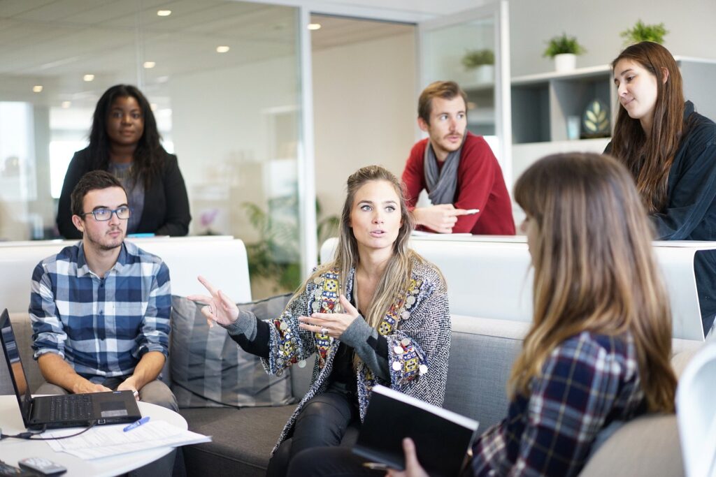 A workplace team having a meeting.